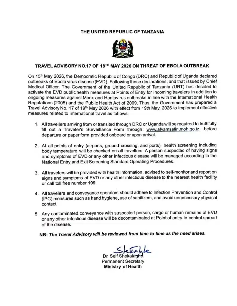 public Notice from Tanzania Health Authorities concerning the Ebola situation in Tanzania