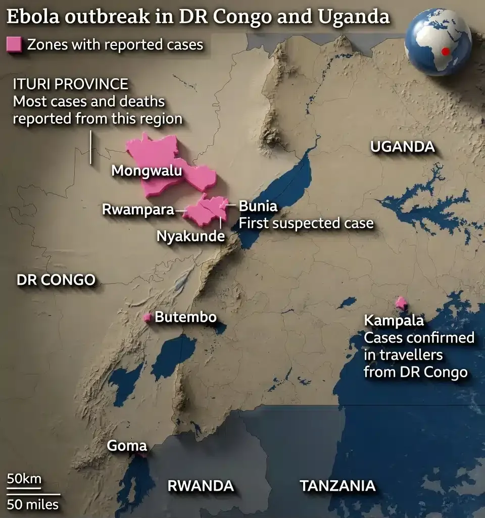 Map of the ebola virus in Dr Congo and Uganda