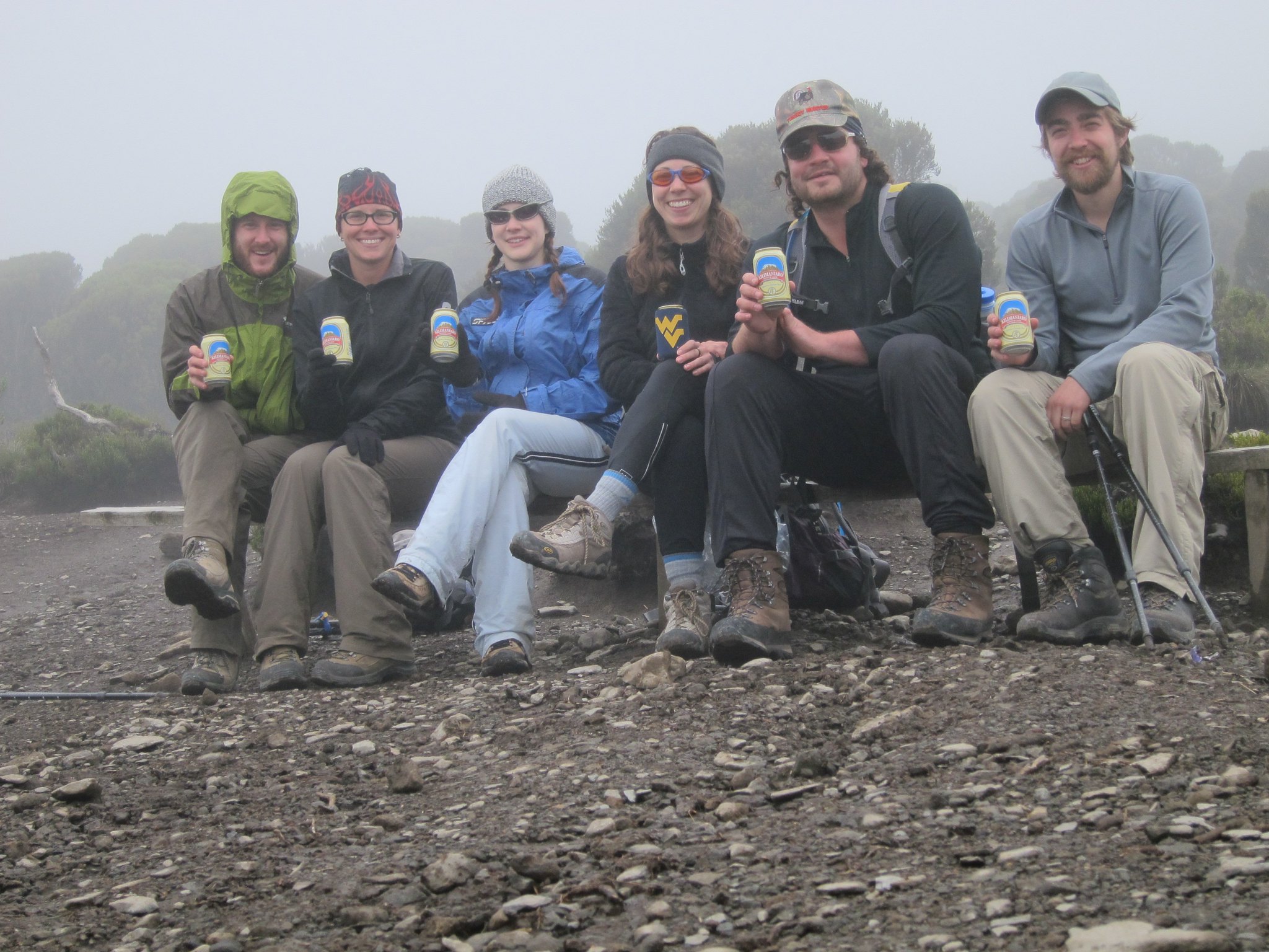 Having celebratory beer at Mweka Hut Camp