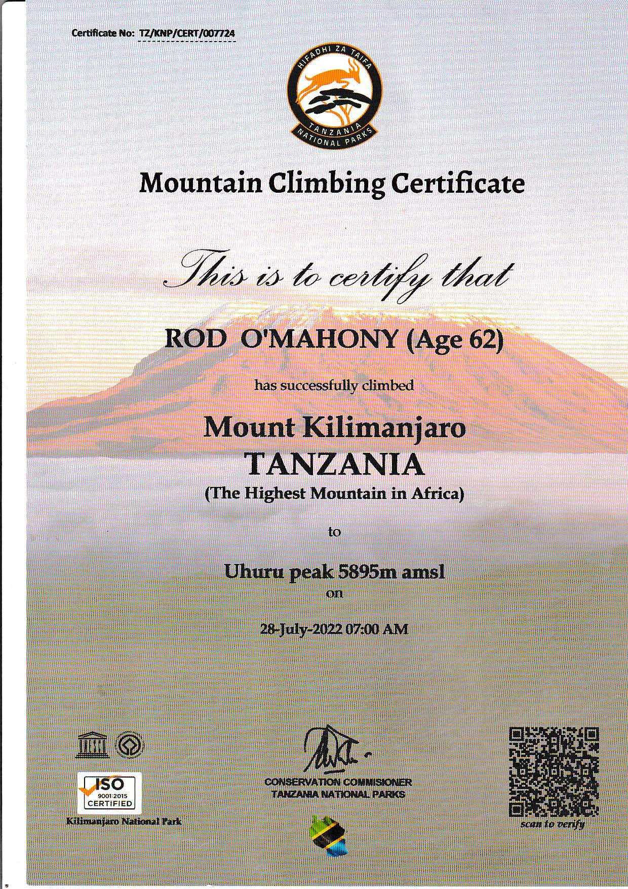 New Mount Kilimanjaro certificate