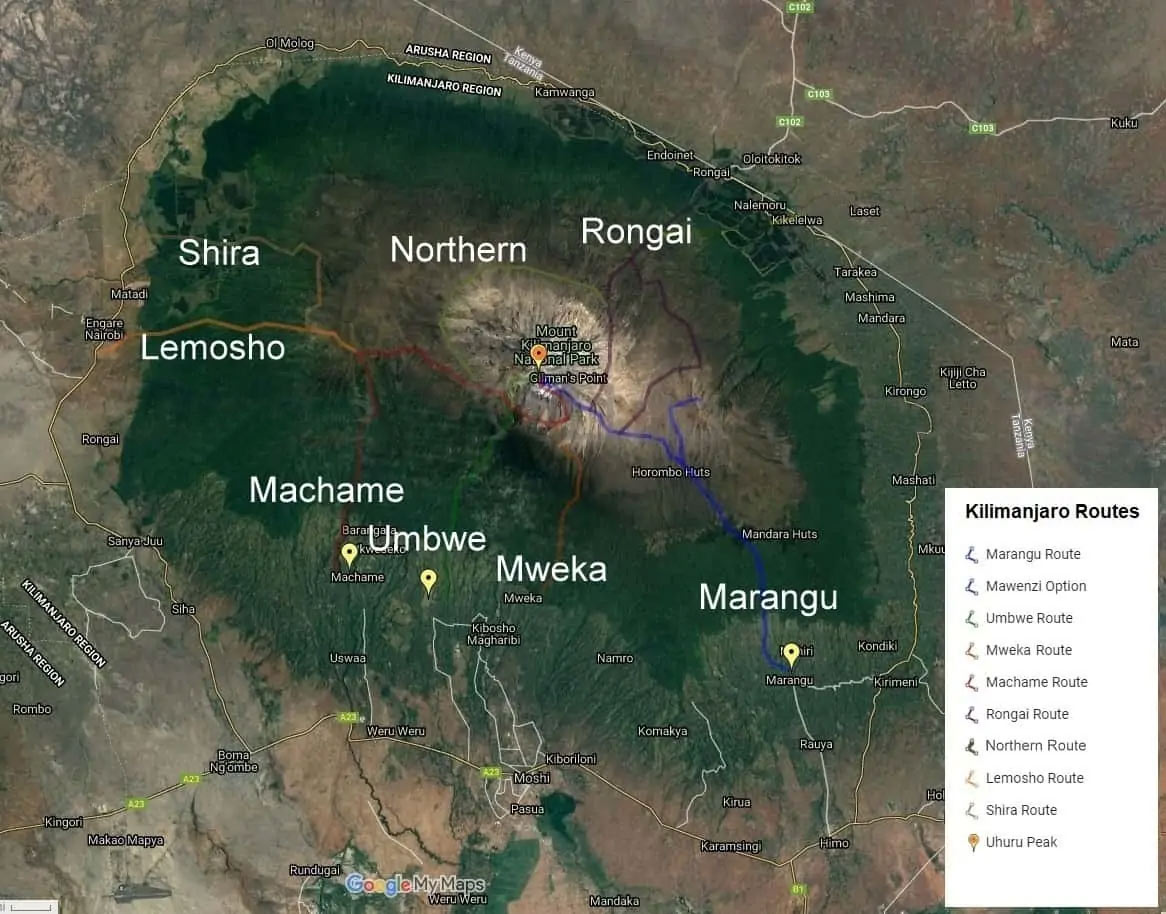 Map of Mount Kilimanjaro routes