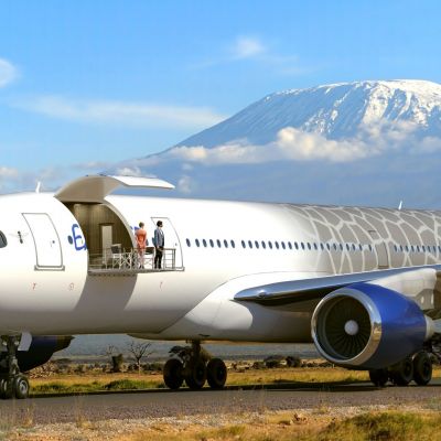 Luxurious Mount Kilimanjaro themed private jet concept with a sundeck and dancefloor showcased at Dubai Airshow