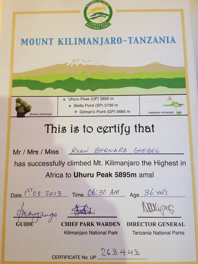 Old Kilimanjaro Certificate