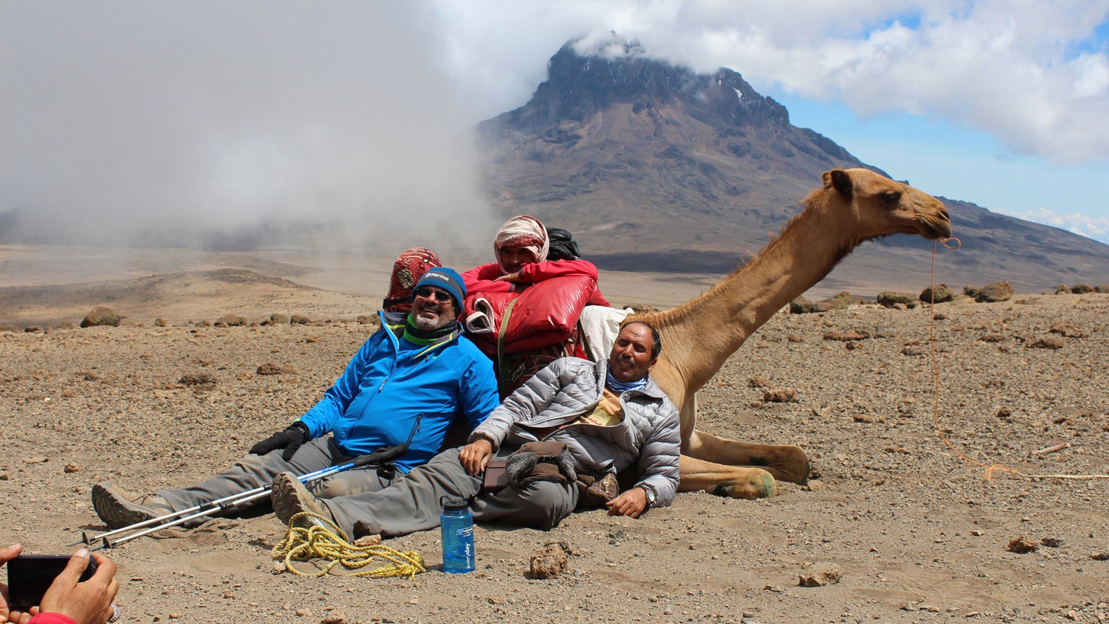 Climbers pose with camels on Kilimanjaro