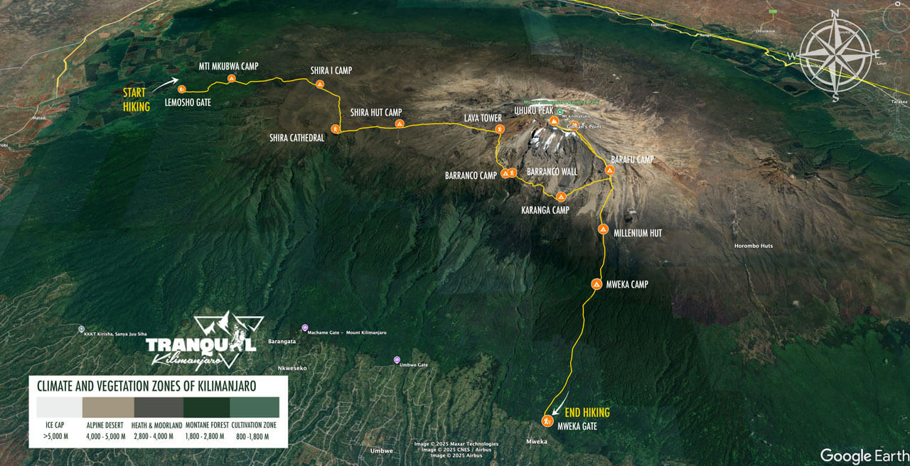 8 days Lemosho Route Map