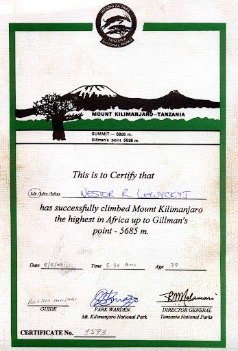 Older Kilimanjaro Certificate