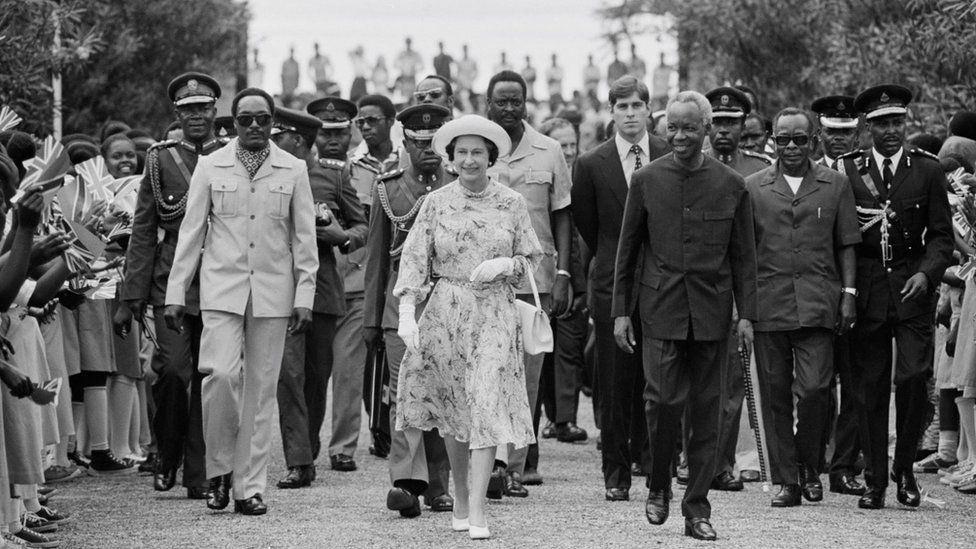 Queen Elizabeth with Tanzania's first president, Julius Nyerere